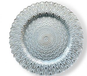 Silver and White Peacock Charger Plate Rental Vegas