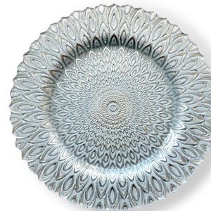 Silver and White Peacock Charger Plate Rental Vegas