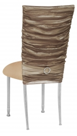 Beige Demure Chair Cover with Jeweled Band and Beige Stretch Knit Cushion on Silver Legs
