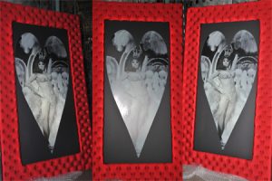 Large Red tufted picture frame rental