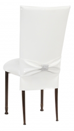 White Patent Chair Cover and Rhinestone Belt with White Stretch Knit Cushion on Mahogany Legs