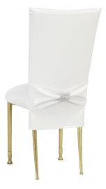 White Patent Chair Cover and Rhinestone Belt with White Stretch Knit Cushion on Gold Legs