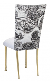 White Swirl Velvet Chair Cover with White Suede Cushion on Gold Legs