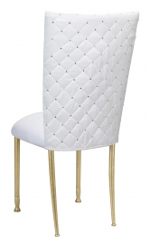 White Diamond Tufted Taffeta Chair Cover with White Suede Cushion on Gold Legs