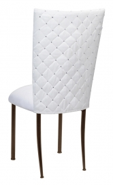 White Diamond Tufted Taffeta Chair Cover with White Suede Cushion on Brown Legs