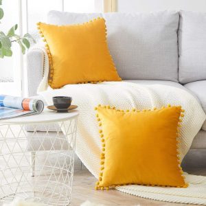 Yellow Velvet Pillow with Pom Tassels 20" x 20"