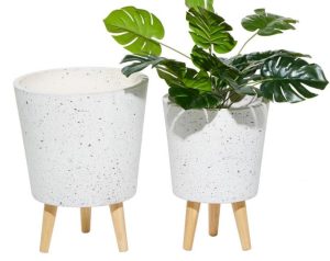 White Planter with Wood Legs (Set of 2)
