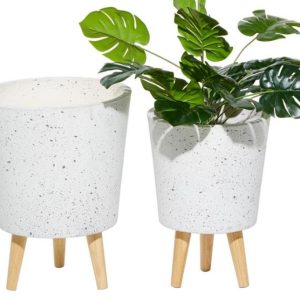 White Planter with Wood Legs (Set of 2)