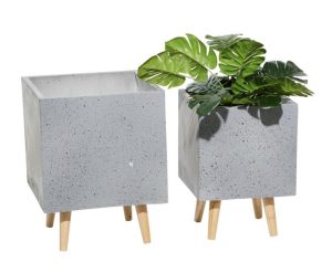 Grey Square Planter with Wood Legs (Set of 2)