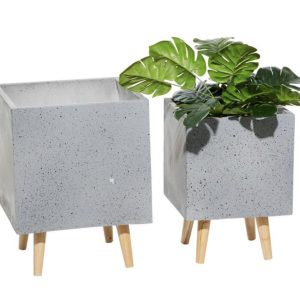 Grey Square Planter with Wood Legs (Set of 2)