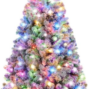 9'H White Flocked Pine Christmas Tree with Multi-Colored Lights