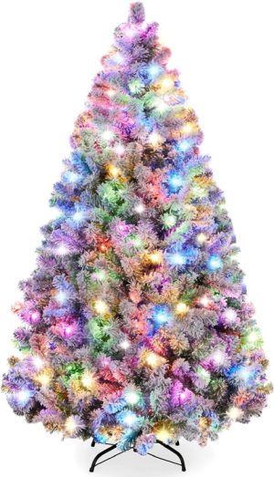 9'H White Flocked Pine Christmas Tree with Multi-Colored Lights