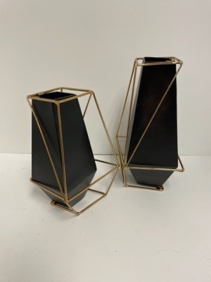 Black Metal Vase Duo with Gold Frame 9"