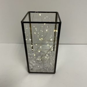 Black Metal & Glass Hurricane with Led  Fairy Lights 8"