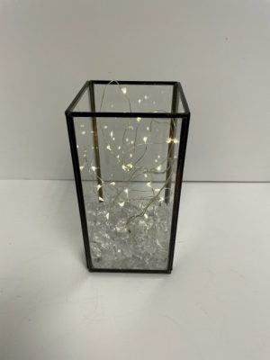 Black Metal & Glass Hurricane with Led  Fairy Lights 8"