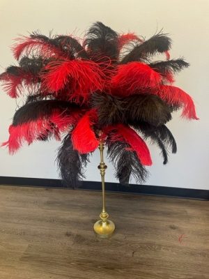 Black and Red Feather Centerpiece on Gold Juniper Stand 48" Tall