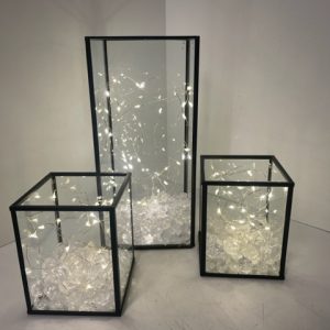 Black Metal and Glass Hurricane Trio with Fairy Lights