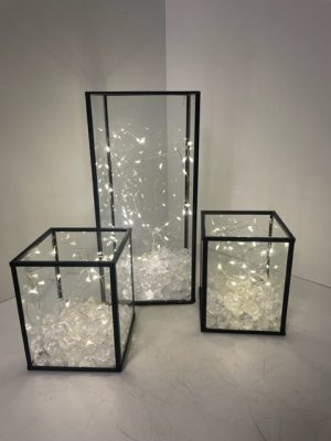 Black Metal and Glass Hurricane Trio with Fairy Lights