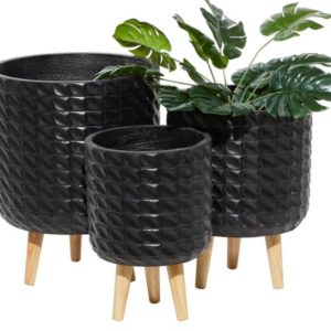Black Textured Planter with Wood Legs (Set of 3)