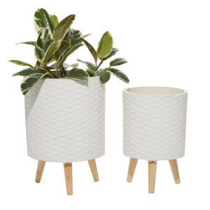 White Ceramic Textured Planters with Wood Legs (Set of 2)