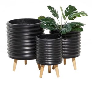 Black Round Ribbed Planter (Set of 3)