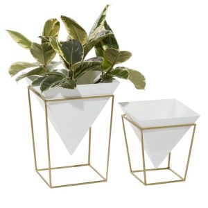 White Pyramid Planter on Gold Stand (Set of 2)