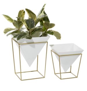 White Pyramid Planter on Gold Stand (Set of 2)